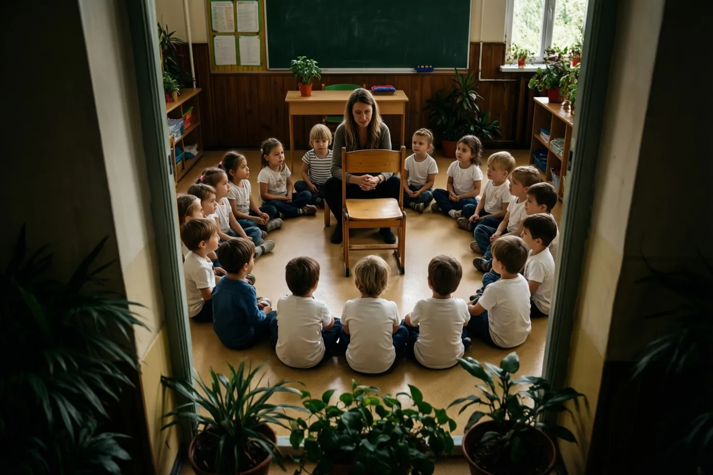 Van bovenaf door een deuropening zijn kleine kinderen in een kring op de klasvloer te zien, gericht naar een houten stoel, met potplanten langs de randen en daglicht uit een raam.