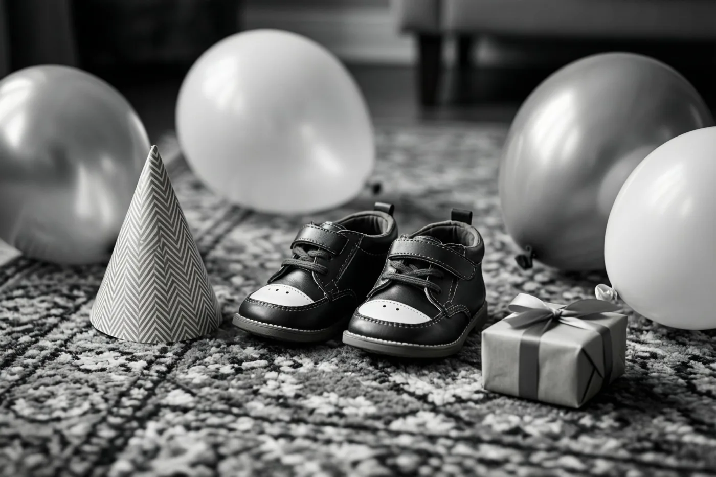 Een paar kleine kinderschoenen staat op een tapijt met een patroon naast een papieren feesthoedje, ballonnen en een ingepakt cadeau, weergegeven in zwart-wit.