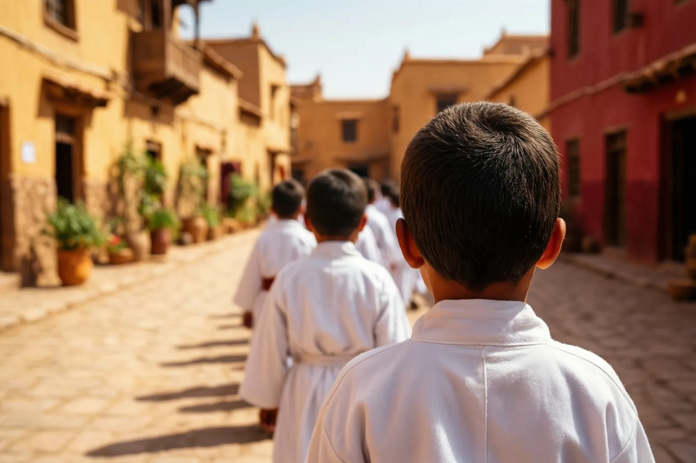 Een rij kinderen in witte gewaden loopt van de kijker weg door een zonnige dorpsstraat met kasseien en gele en rode gevels onder een heldere hemel.