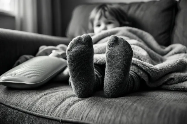 Kleine kindervoeten in wollige sokken steken vanonder een deken op een zetel uit, naast een warmwaterkruik in een monochroom beeld.