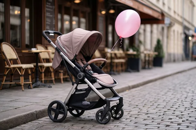 Een moderne kinderwagen met een roze ballon aan de duwstang staat op een straat met kasseien voor een bruin café met terras, in zacht licht.