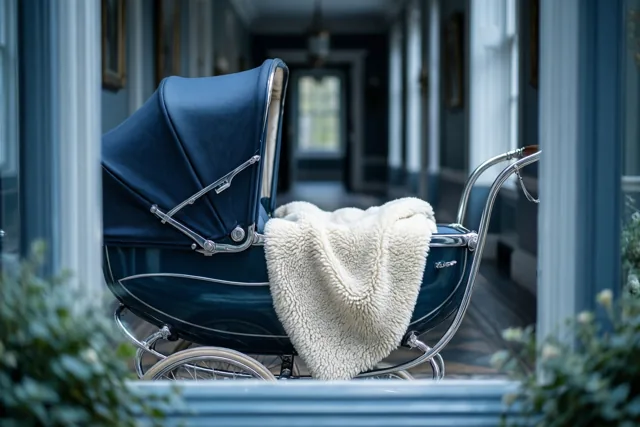 Door een raamkader is een klassieke kinderwagen met donkerblauwe kap, verchroomd frame en ivoorkleurig wollen deken te zien in een elegante hal.