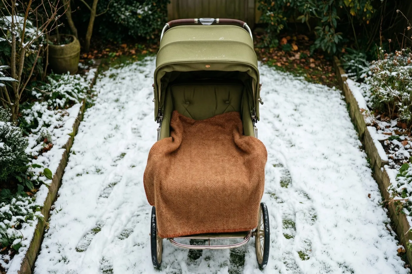 Een ouderwetse kinderwagen met een bruine wollen deken staat op een besneeuwd tuinpad tussen planten met een laagje sneeuw en houten tuinranden.