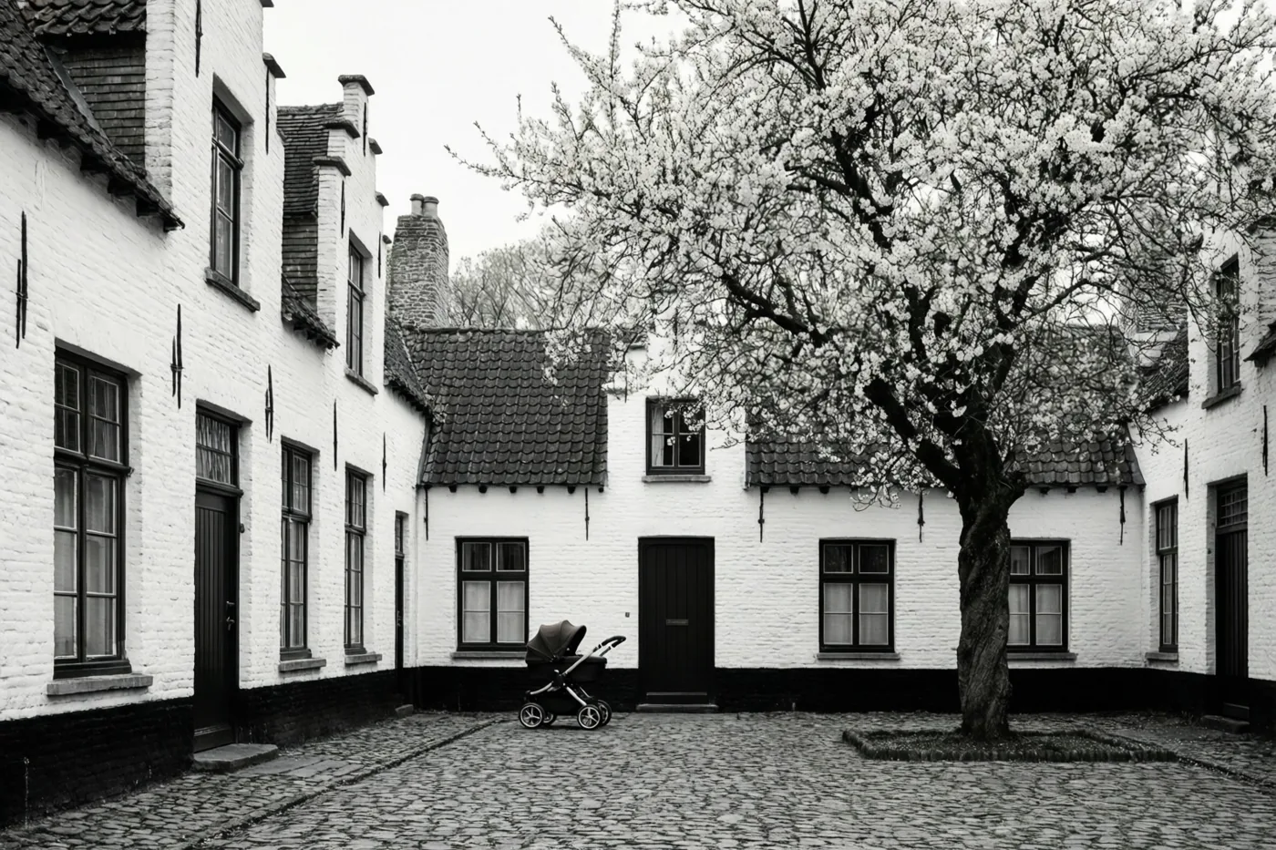 Een zwart-witfoto toont een binnenplein met kasseien en witte begijnhofhuisjes met donkere deuren en ramen, waar een kinderwagen bij een deur onder een boom met witte bloesems staat.