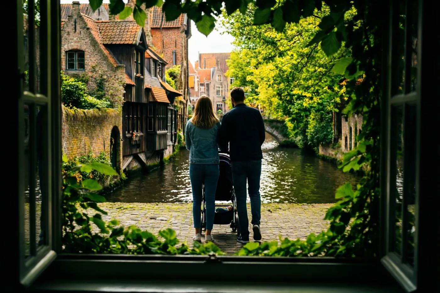 Door een raam en langs groene bladeren zie je een jong koppel van achteren met een kinderwagen op een kasseipad langs een kanaal in een oud Vlaams stadje.