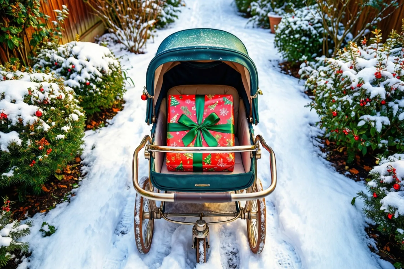 Een vintage kinderwagen met een groot rood kerstcadeau en groen lint staat op een besneeuwd tuinpad tussen besneeuwde struiken met rode bessen.
