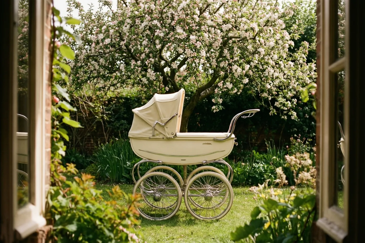 Door een raam is een crèmekleurige kinderwagen uit de jaren vijftig met grote spaakwielen te zien op het gras onder een appelboom met witte en roze bloesems.