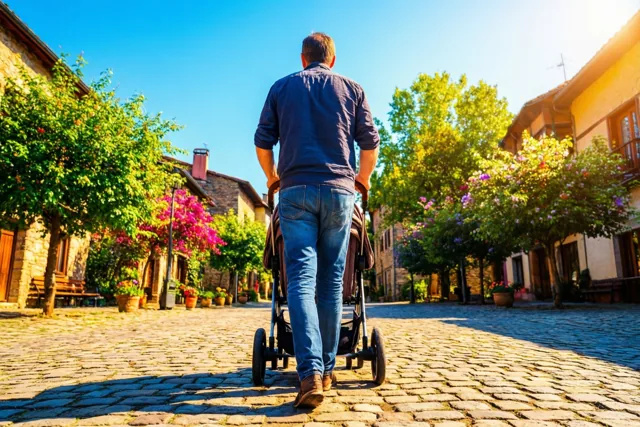 Een man is van achteren te zien terwijl hij op een zonnige ochtend een kinderwagen over een dorpsplein met kasseien duwt, langs stenen gebouwen en bloeiende bomen onder een blauwe hemel.