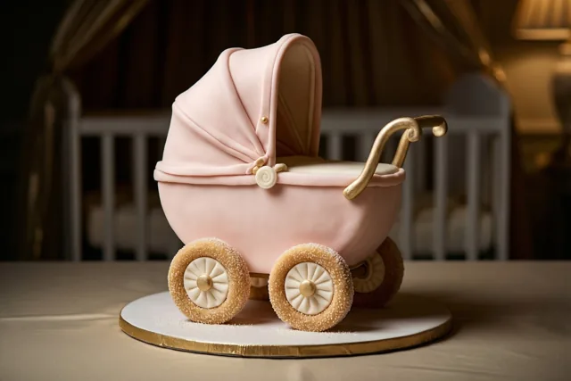 Een taart in de vorm van een ouderwetse kinderwagen met lichtroze fondant, wielen met een suikerlaag en een goudkleurige duwstang staat op een tafel met een babybedje op de achtergrond.