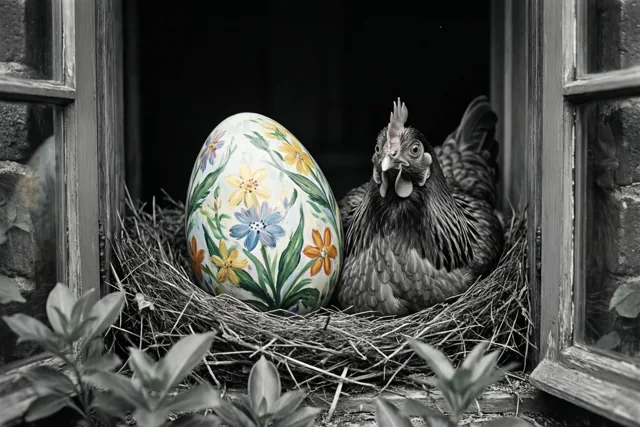 Een verbaasd kijkende kip zit in een nest naast een groot, uitbundig beschilderd paasei in een rustiek raamkozijn, met kleur op het ei en een zwart-witte achtergrond.