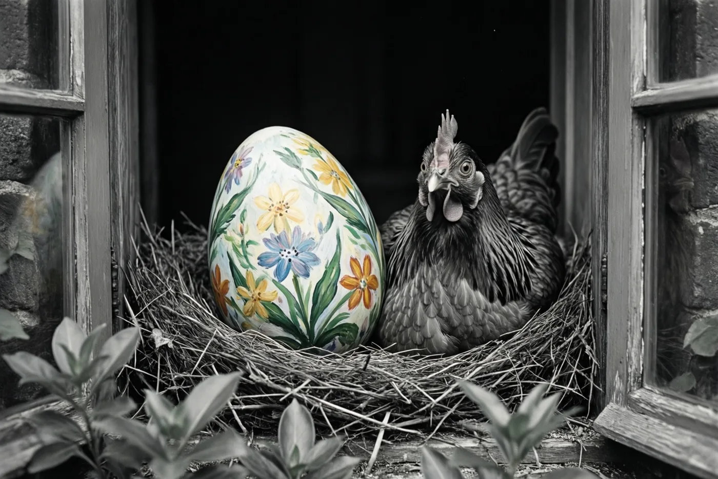 Een verbaasd kijkende kip zit in een nest naast een groot, uitbundig beschilderd paasei in een rustiek raamkozijn, met kleur op het ei en een zwart-witte achtergrond.