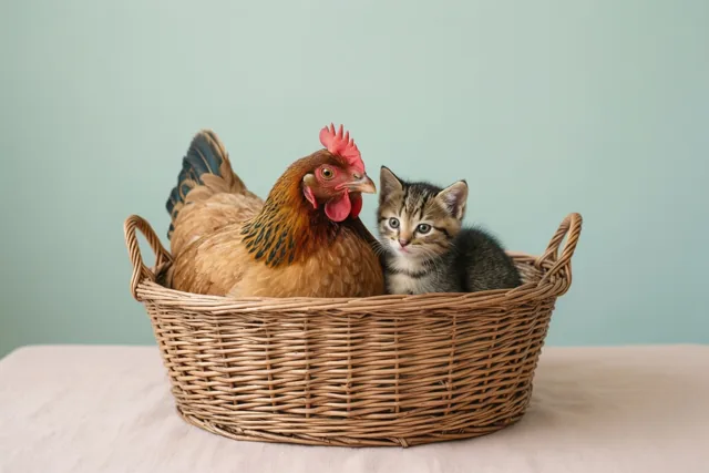 Een bruine kip en een gestreept katje zitten samen in een gevlochten rieten mand op een lichte ondergrond voor een effen bleekblauwgroene muur.