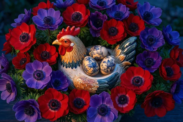Een keramieken schaal in de vorm van een kip bevat drie beschilderde eieren en is omringd door felrode en paarse anemonen tegen een donkere achtergrond.