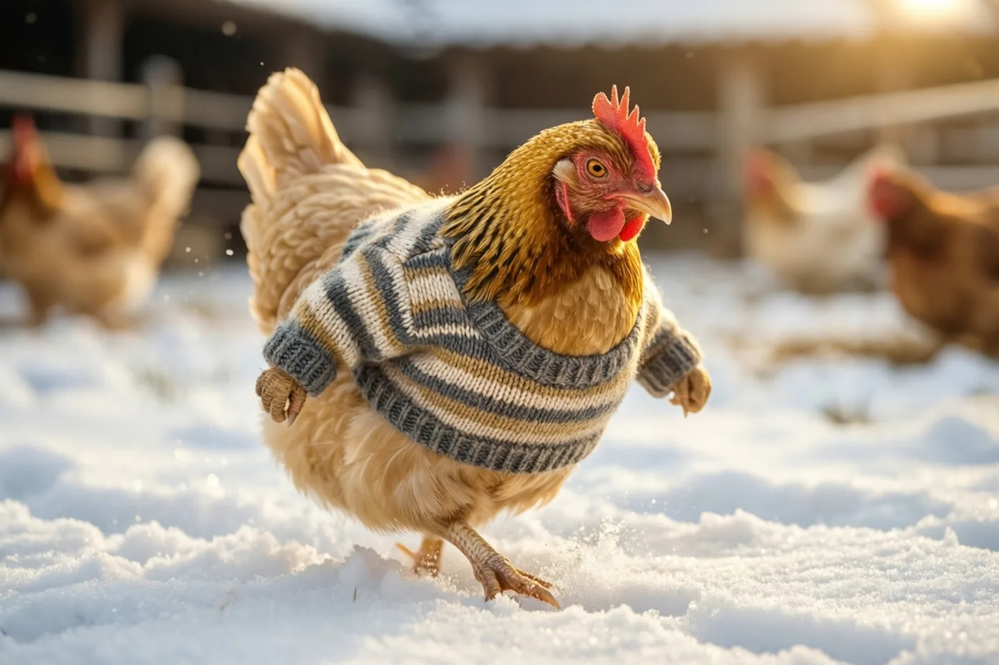 Een kip met een gestreepte gebreide trui loopt door diepe sneeuw op een boerenerf in warm goudkleurig zonlicht.