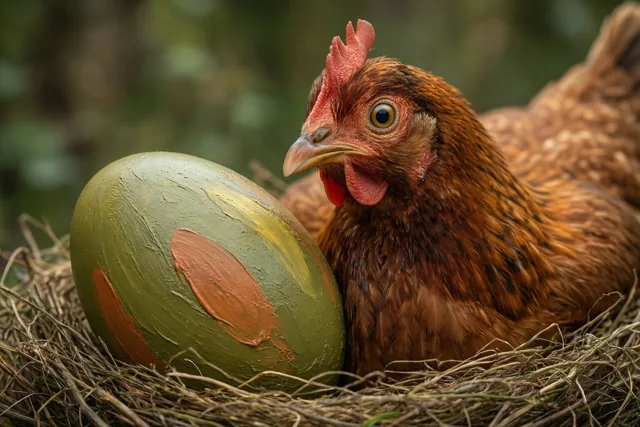 Een verbaasd kijkende bruine kip zit buiten in een nest naast een heel groot groen paasei met oranje en gele penseelstreken, tegen een onscherpe natuurlijke achtergrond.