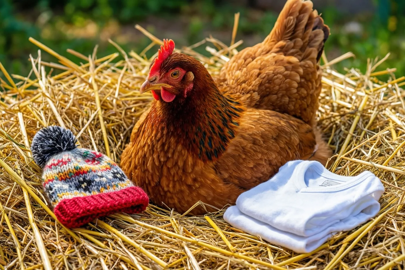 Een bruine kip rust buiten in stro naast een kleurrijk gebreid babymutsje en een opgevouwen wit babyrompertje, met onscherp groen op de achtergrond.