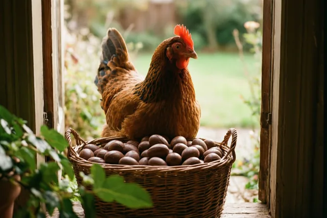 De kip bewaakt het paaslekkers