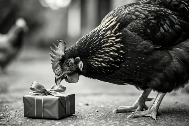 Een kip buigt zich over een klein cadeaudoosje met strik en pikt eraan op een ruwe ondergrond, op een zwart-witfoto.