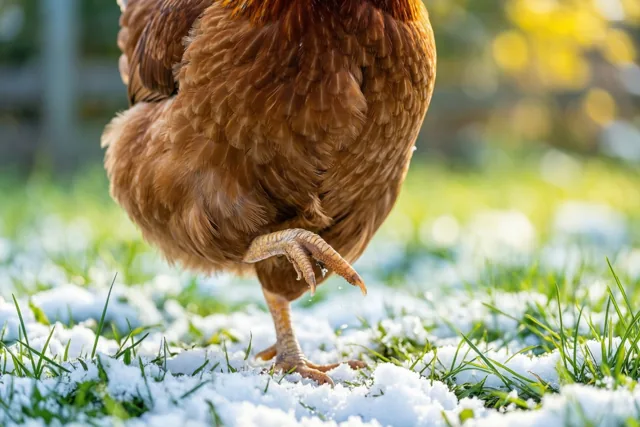 Een bruine kip stapt met één poot hoog opgetild door verse sneeuw op een boerenerf waar groen gras doorheen piept.
