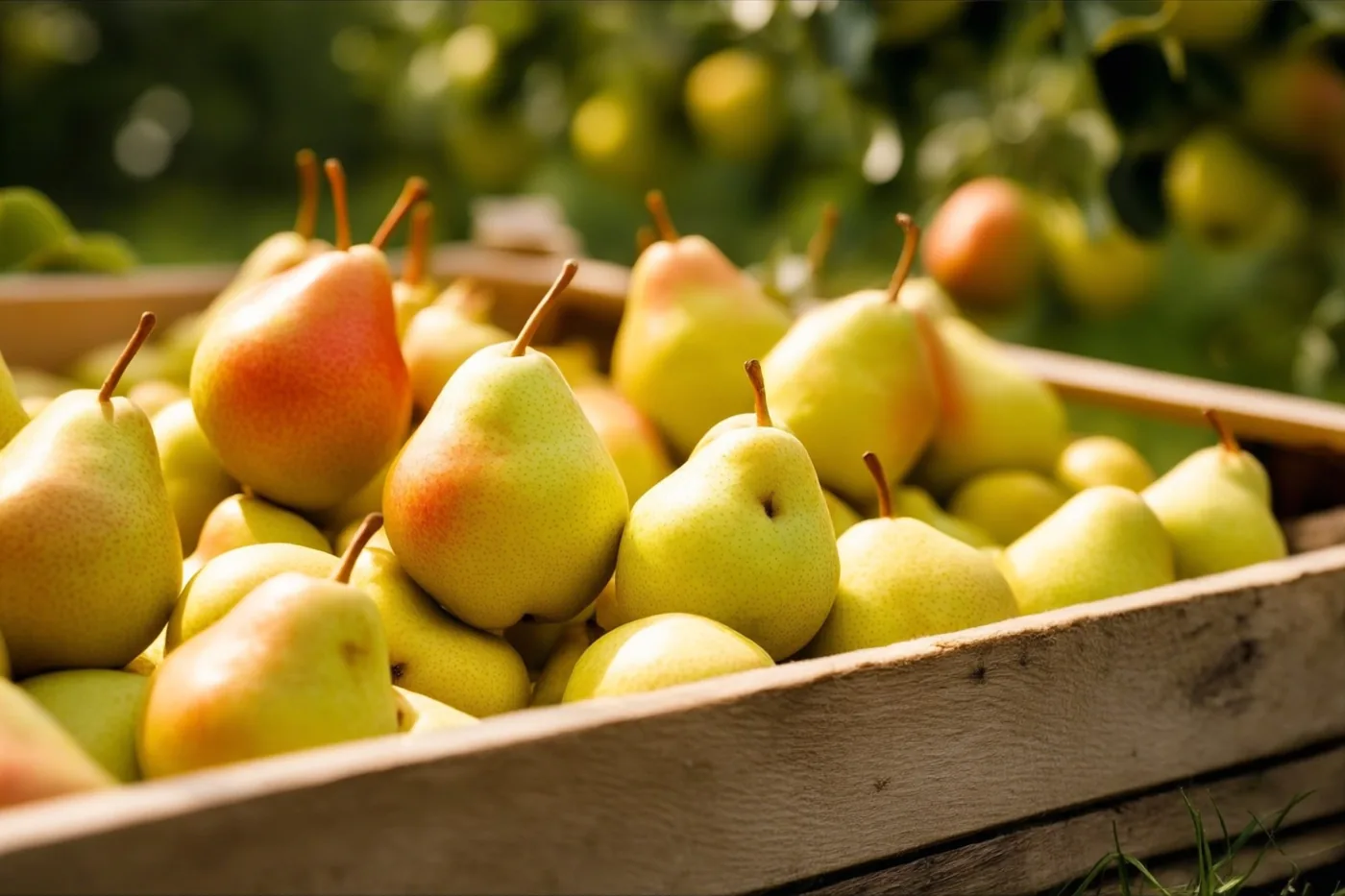 Een houten kist bevat pas geplukte peren in groene en gouden tinten, met onscherp groen loof van een boomgaard op de achtergrond.
