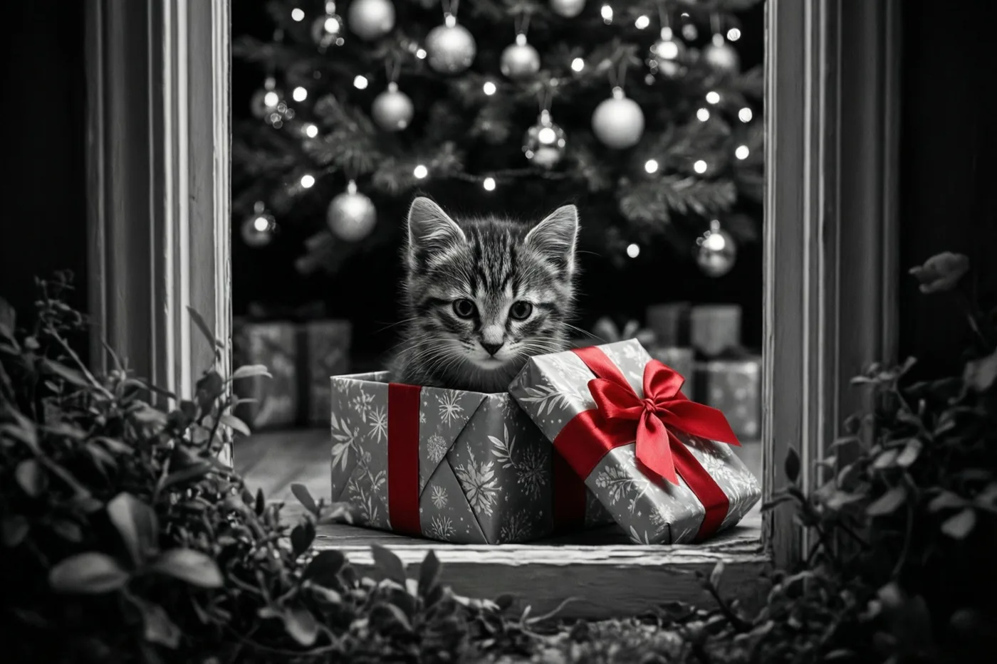 Een tijgerkitten gluurt uit een open zilverkleurig kerstcadeau met een rode strik op een vensterbank, met een verlichte kerstboom wazig op de achtergrond en raamruiten en groen eromheen.
