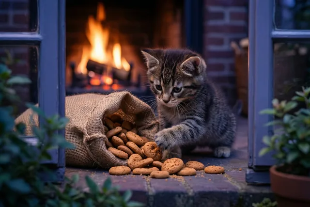 Een klein tijgerkitten tikt tegen pepernoten die uit een jutezak op een stenen haardplaat zijn gevallen, voor een brandende haard.
