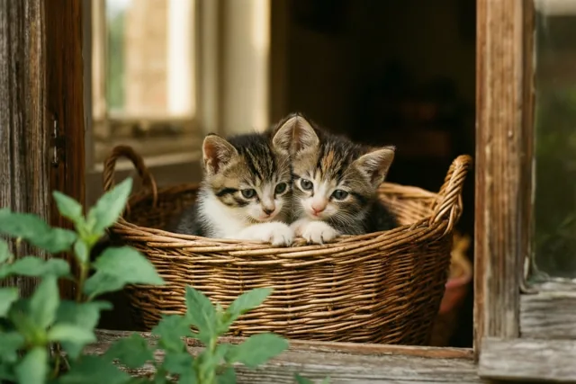 Twee kleine gestreepte kittens liggen dicht tegen elkaar in een rieten mand op een houten vensterbank in warm daglicht.