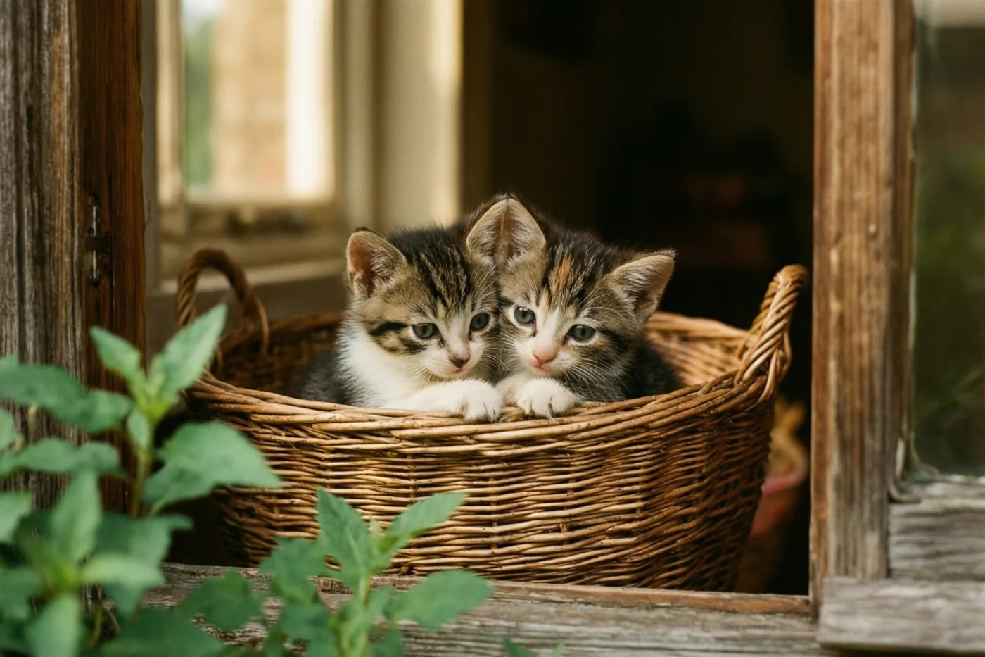 Twee kleine gestreepte kittens liggen dicht tegen elkaar in een rieten mand op een houten vensterbank in warm daglicht.