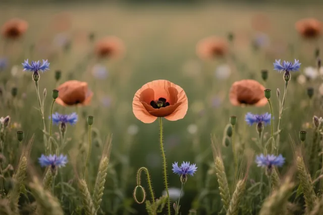 Een oranje klaproos is van dichtbij te zien tussen blauwe korenbloemen en groene tarwehalmen in een zacht vervaagde zomerweide.