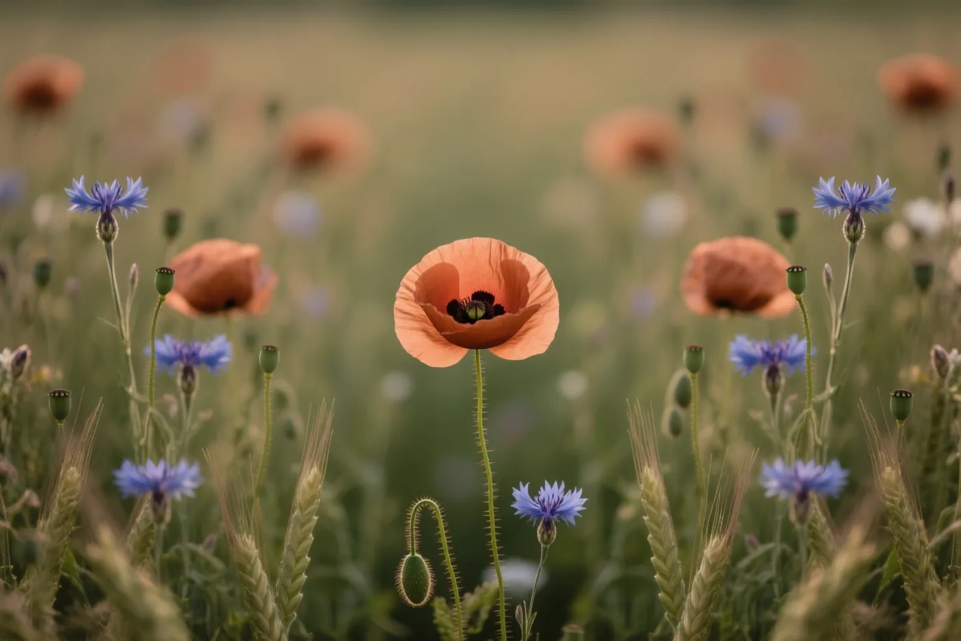 Een oranje klaproos is van dichtbij te zien tussen blauwe korenbloemen en groene tarwehalmen in een zacht vervaagde zomerweide.