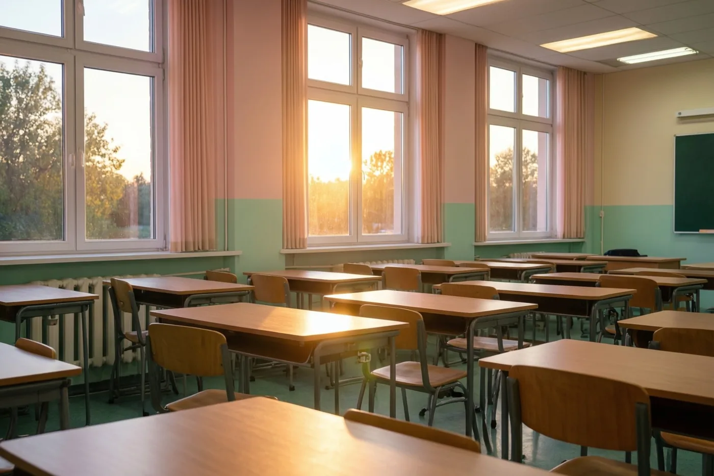 Een leeg klaslokaal met pastelroze en groene muren en rijen houten banken en stoelen wordt verlicht door warm zonlicht uit hoge ramen.