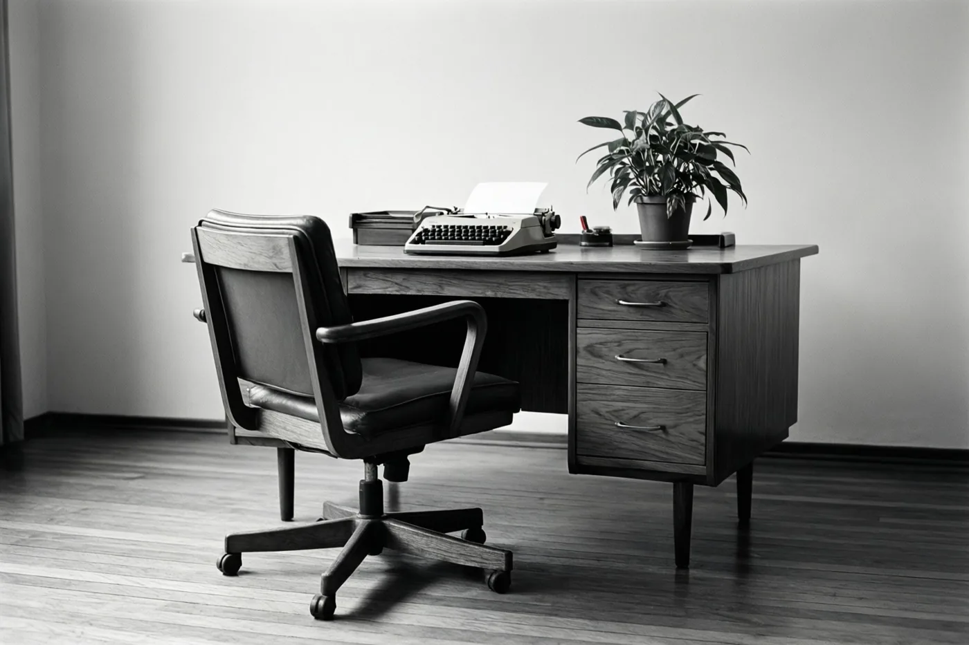 Een zwart-witfoto toont een modernistische bureaustoel uit het midden van de vorige eeuw bij een houten bureau met een typemachine en potplant, tegen een effen muur.