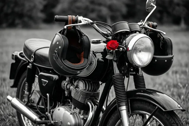 Een klassieke motor uit de jaren zestig is in zwart-wit afgebeeld met een rode roos bij de koplamp en twee oude leren helmen aan het stuur.