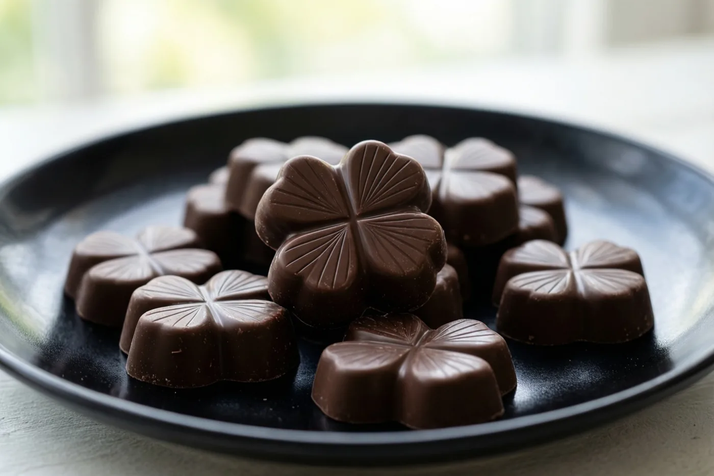 Een stapeltje donkere chocolaatjes in de vorm van klavertjes vier ligt op een zwart bord, met zacht daglicht van een raam op de achtergrond.
