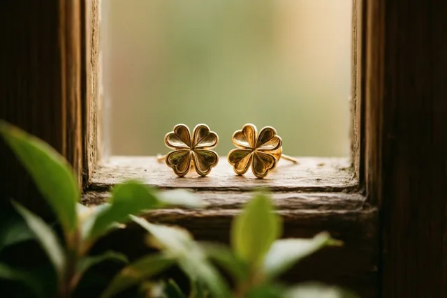 Een paar gouden klavertjeviermanchetknopen ligt op een houten vensterbank, omlijst door het raam en onscherp groen op de voorgrond, in warm licht.