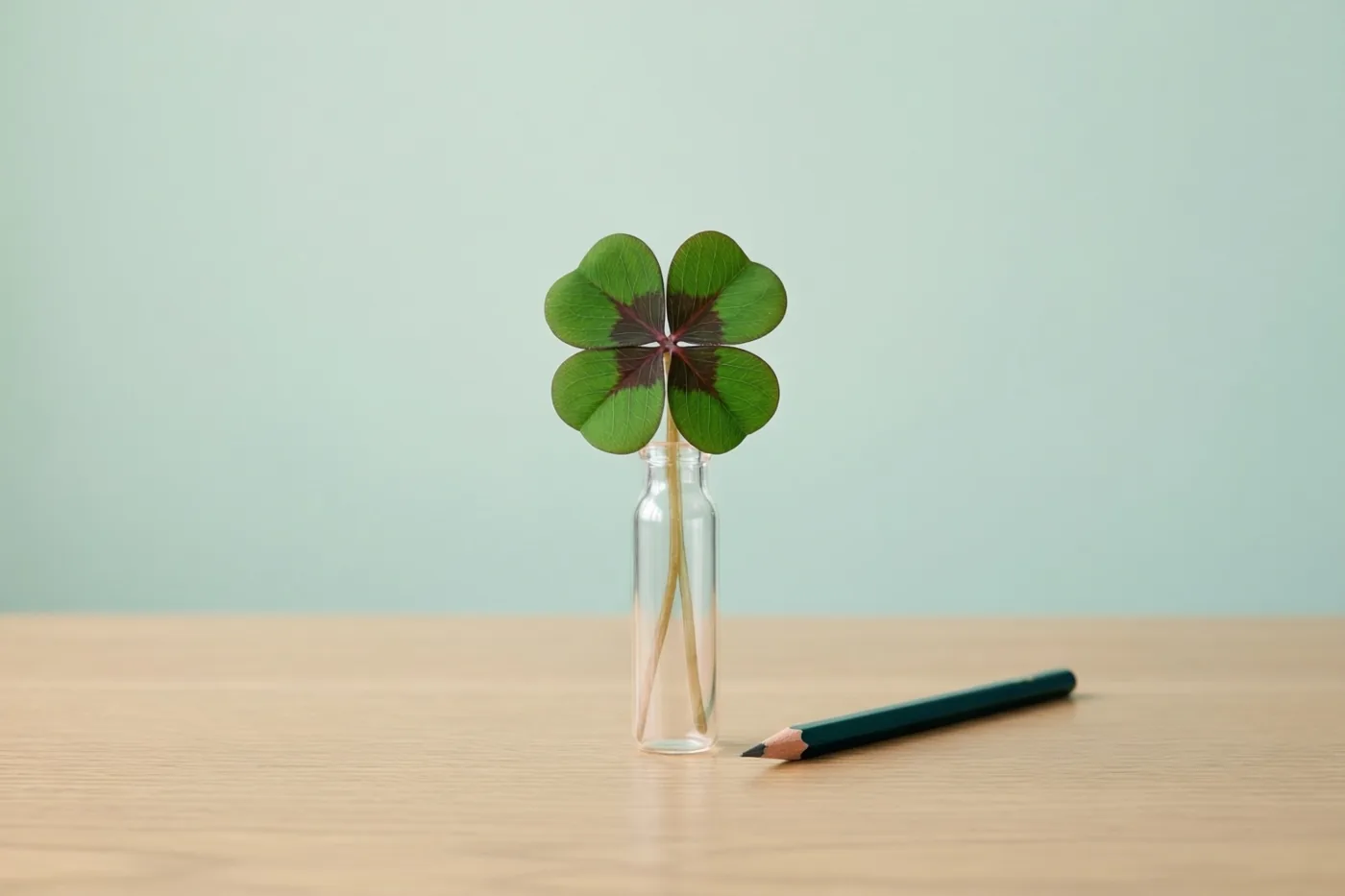 Een klavertje vier staat in een helder glazen flesje op een licht houten bureau naast een geslepen groen potlood, tegen een effen mintgroene achtergrond.