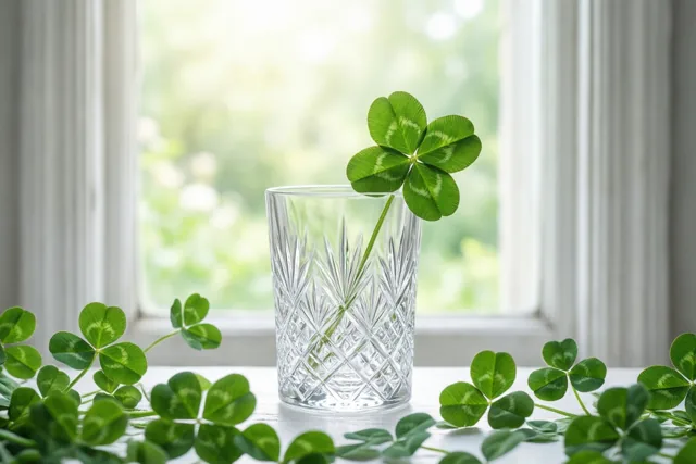 Een takje klavertje vier staat in een kristallen glas met diamantpatroon op een wit oppervlak bij een raam, met groene klaverblaadjes rondom in zacht daglicht.