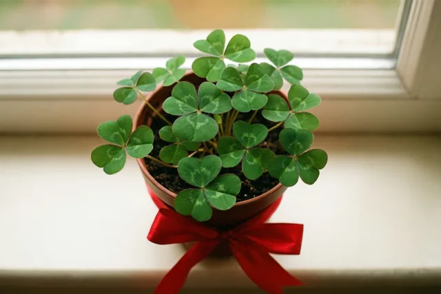 Een klein klavertjevierplantje in een pot staat op een vensterbank, met een rood lint rond de basis in zacht daglicht tegen een onscherpe achtergrond.