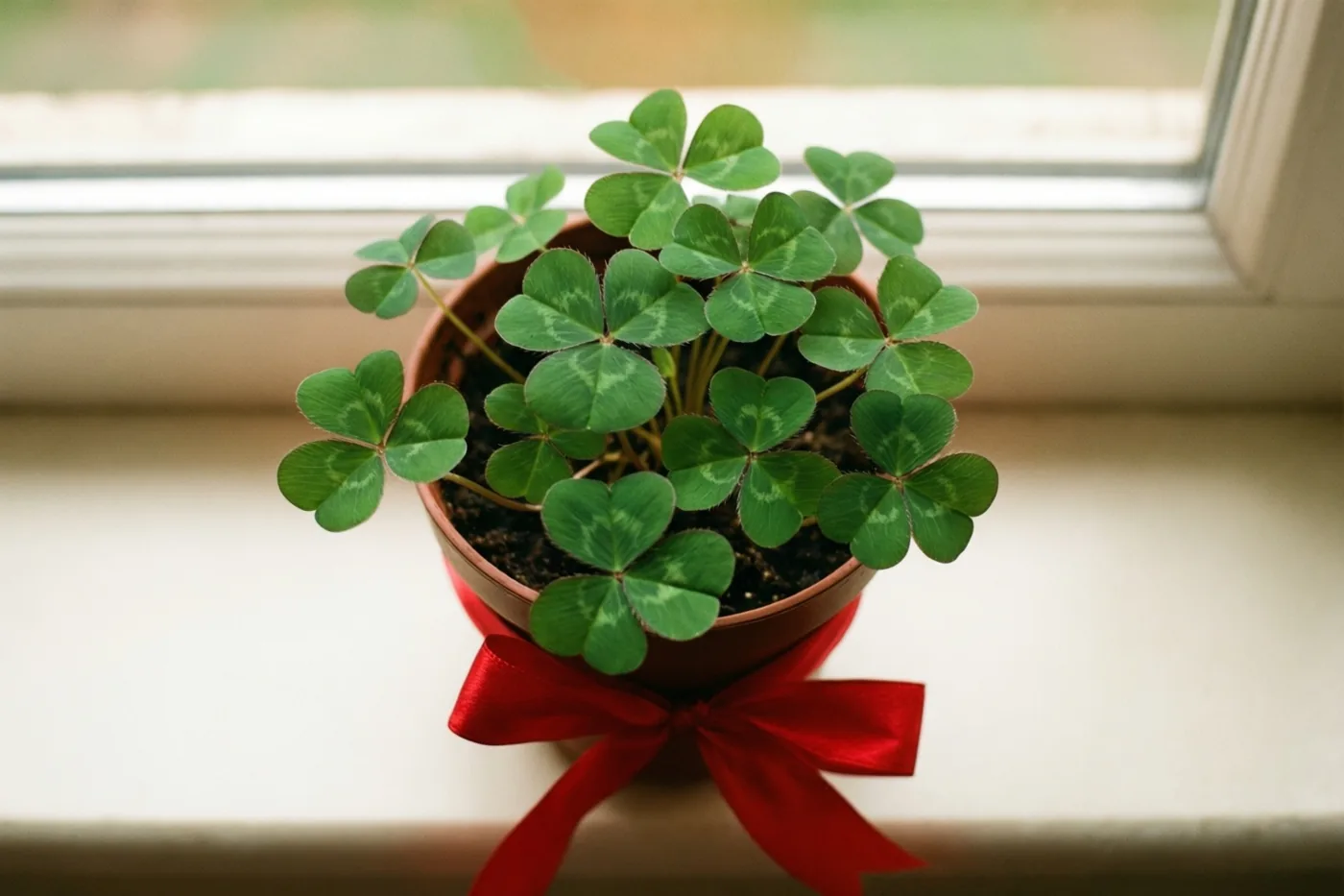 Een klein klavertjevierplantje in een pot staat op een vensterbank, met een rood lint rond de basis in zacht daglicht tegen een onscherpe achtergrond.