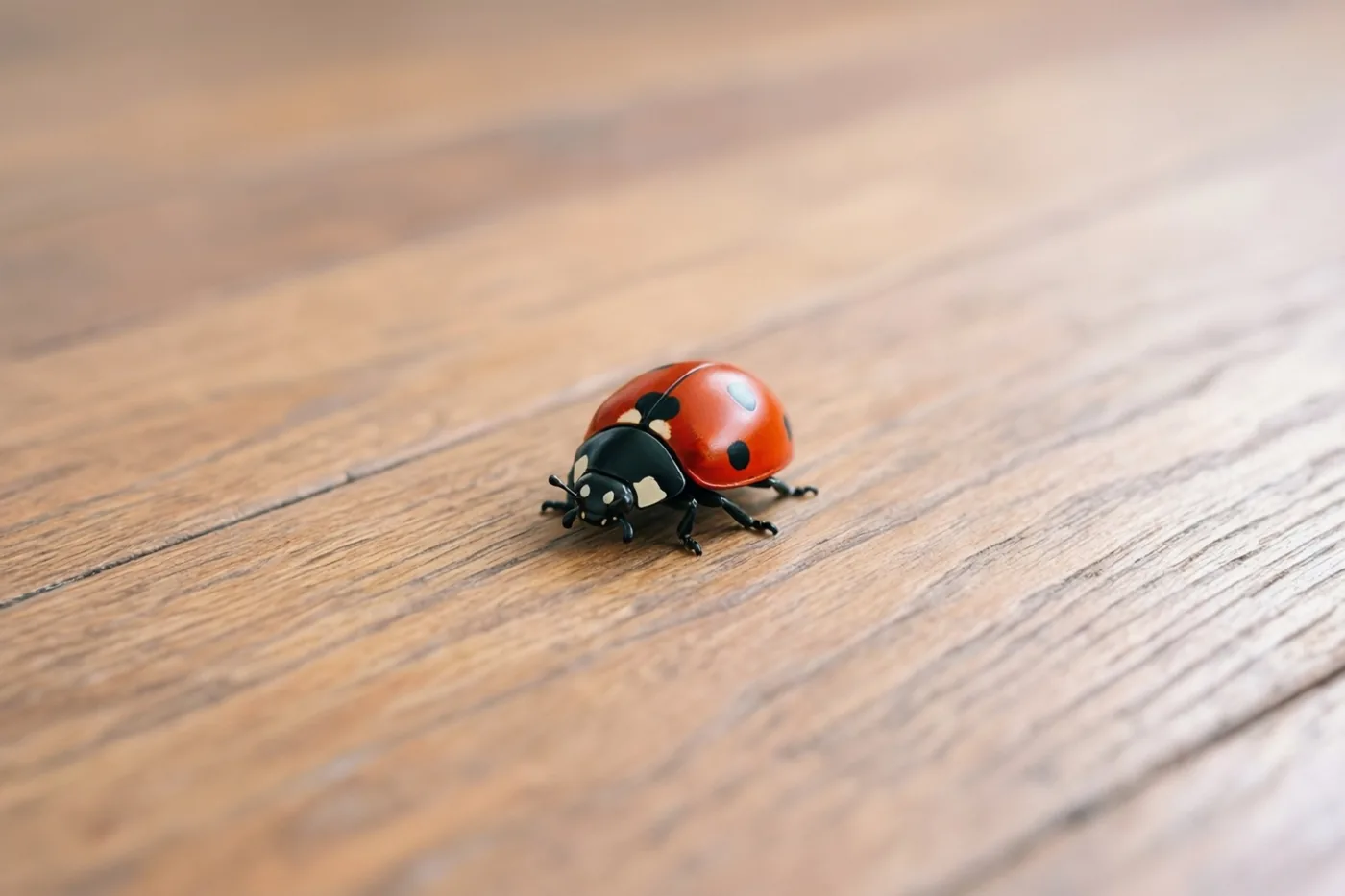 Een klein rood met zwart blikken speelgoedlieveheersbeestje kruipt over een lichtbruine houten vloer in zacht licht.