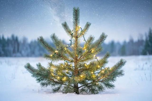 Een kleine dennenboom met lichtslingers staat alleen in een besneeuwd veld onder een sterrenhemel, met een bos in de verte.