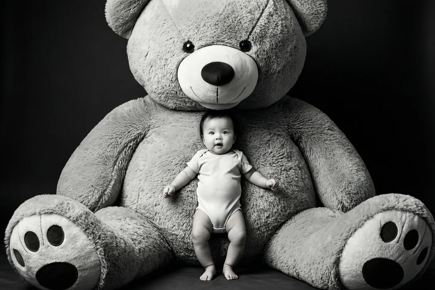 Een monochrome foto toont een kleine baby in een kruippakje tussen de enorme benen van een grote teddybeer tegen een donkere achtergrond.