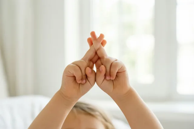 Een close-up toont kleine kinderhanden met gekruiste vingers tegen een lichte, zacht onscherpe achtergrond.