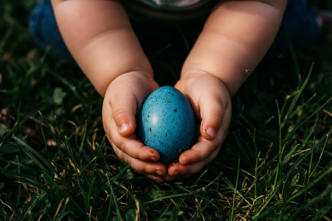 Twee mollige peuterhandjes omvatten een blauw gespikkeld paasei dat op groen gras ligt in zacht zonlicht.