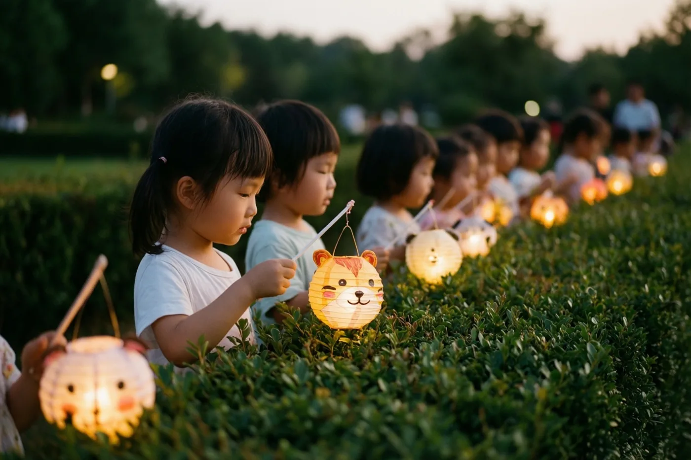 Een rij kleine kinderen met verlichte dierenlantaarns loopt in de schemering langs een groene haag, in warm goudkleurig licht en met een onscherpe achtergrond.