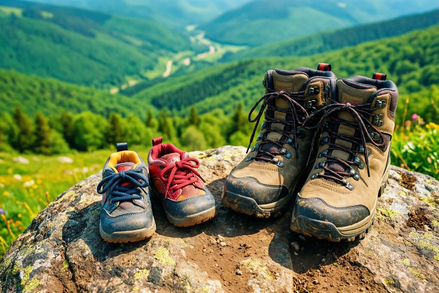 Een paar kleine kinderschoenen en een paar wandelschoenen voor volwassenen staan naast elkaar op een bemoste rots boven een weelderig groene vallei in fel zonlicht.