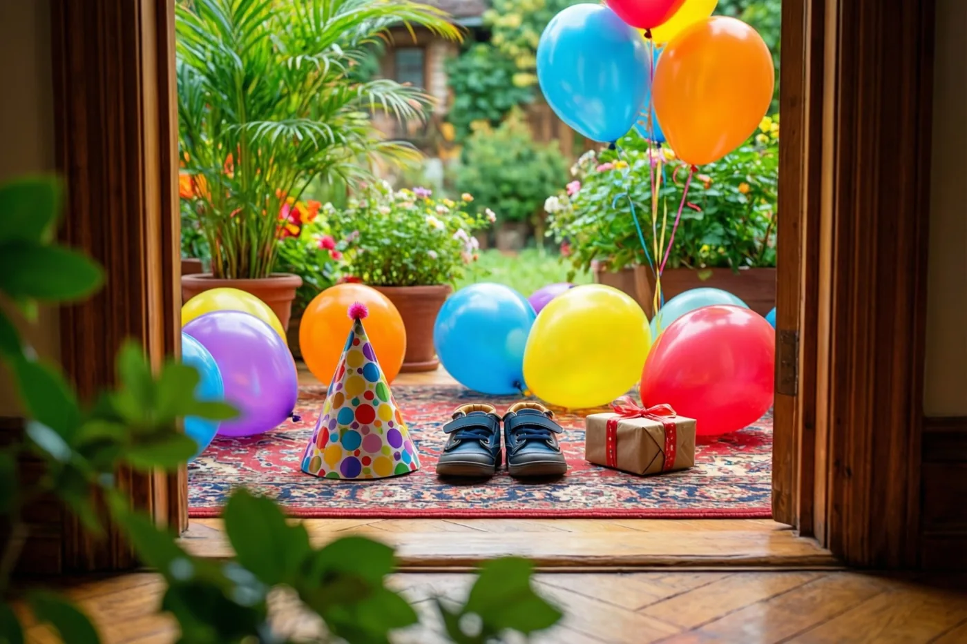 Door een open deuropening zijn kleine kinderschoenen, een papieren feesthoedje, kleurrijke ballonnen en een cadeautje op een tapijt te zien, met potplanten en bloemen buiten.