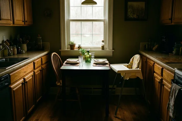 Onder een raam staat in een keukenhoek een kleine tafel gedekt voor drie met een kinderstoel ernaast, omringd door houttinten en aardse groentinten.