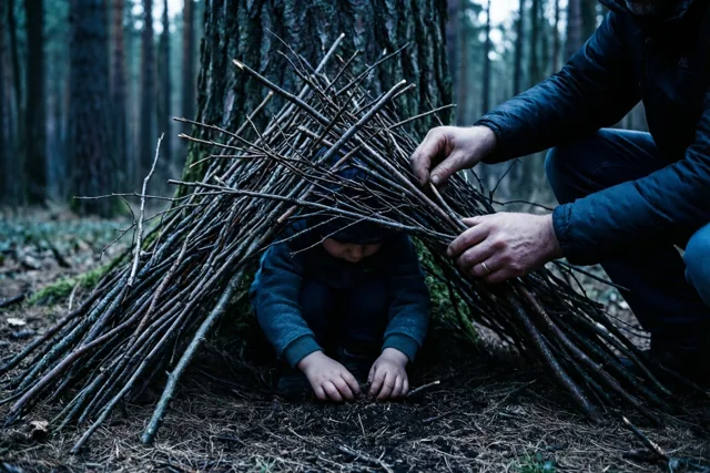 Een volwassene en een kind bouwen een kleine hut van takken tegen een boom in een bos met donkere aardetinten.