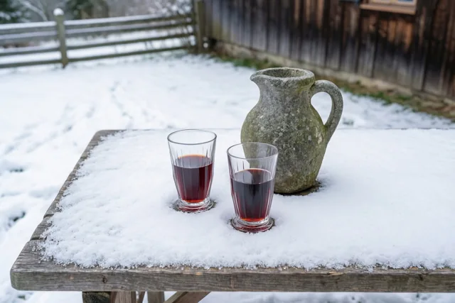 Twee kleine tulpglazen met een donkere drank en een stenen kruik staan op een besneeuwde houten tafel naast een houten omheining en een boerderijmuur.